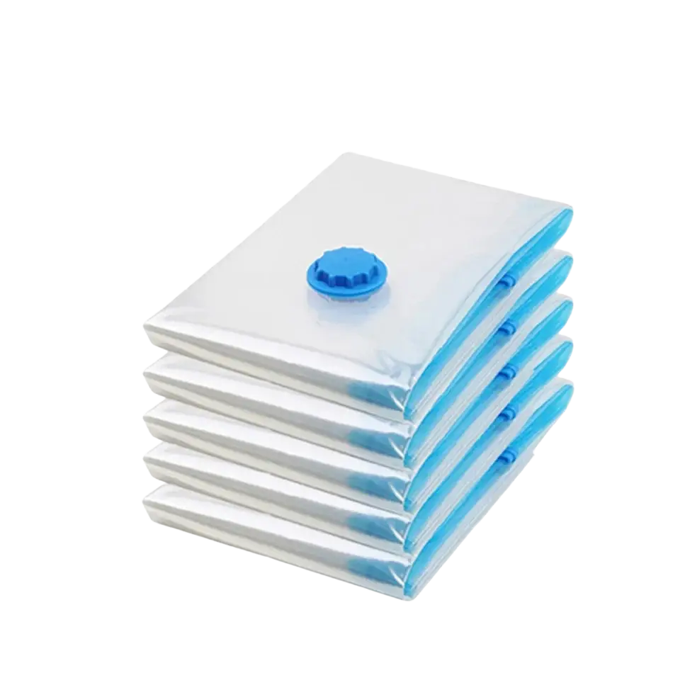 Set of five transparent vacuum storage organizer bags with blue valves and sealing strips for clothes and camping equipment