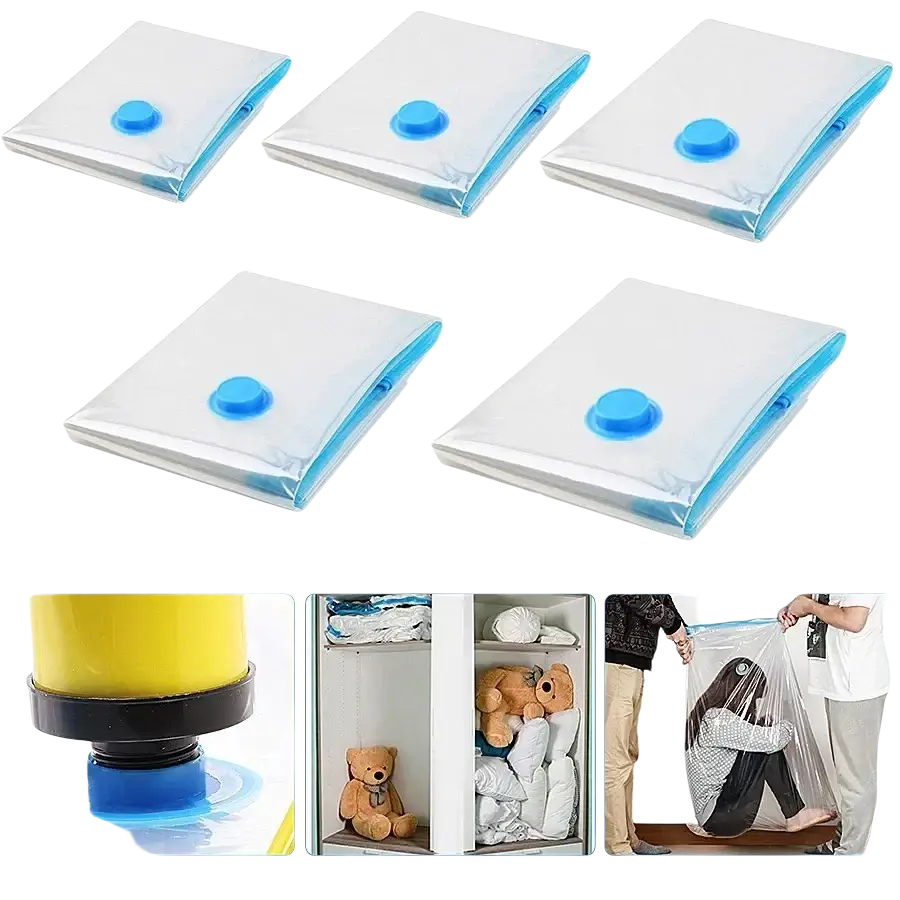 Set of five transparent vacuum storage organizer bags with blue valves and reinforced edges for clothes and camping equipment