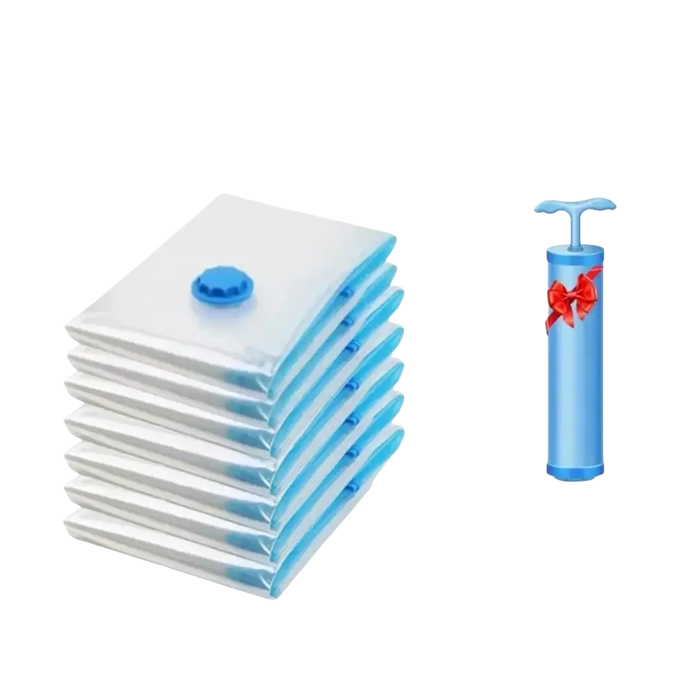Set of seven translucent blue and white vacuum storage organizer bags with hand pump for clothes camping equipment