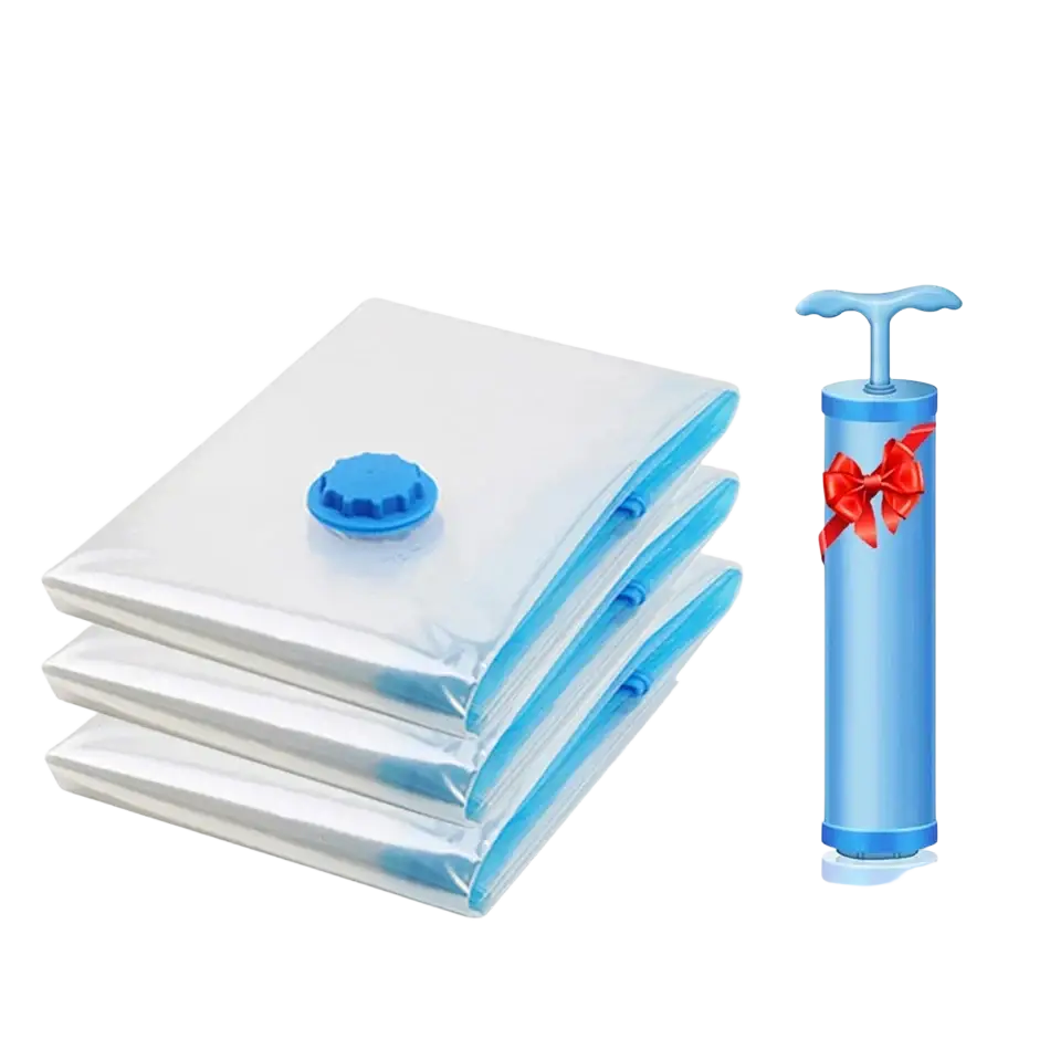 Set of three transparent vacuum storage organizer bags with blue pumps and a light-blue hand pump for camping equipment