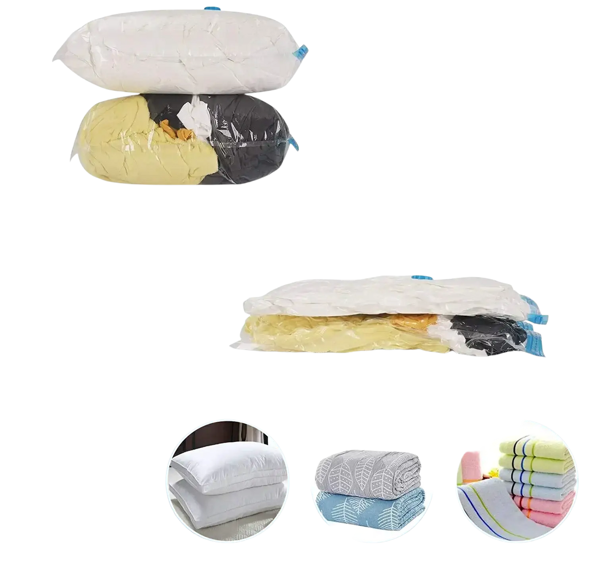 Transparent plastic vacuum storage organizer bags with blue valve caps for compressing clothes and bedding