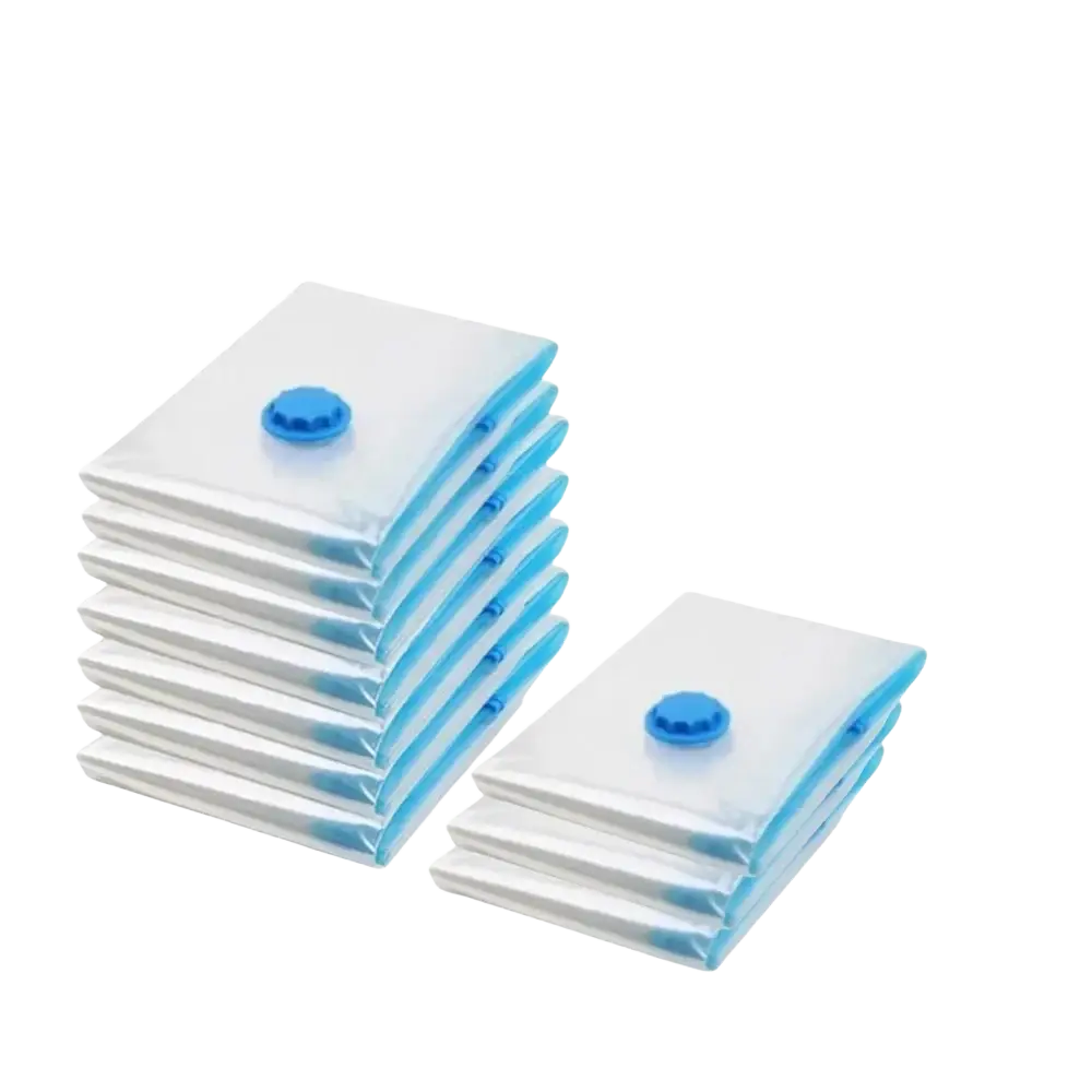 White and blue vacuum storage organizer bags with plastic valve for clothes bedding and camping equipment storage