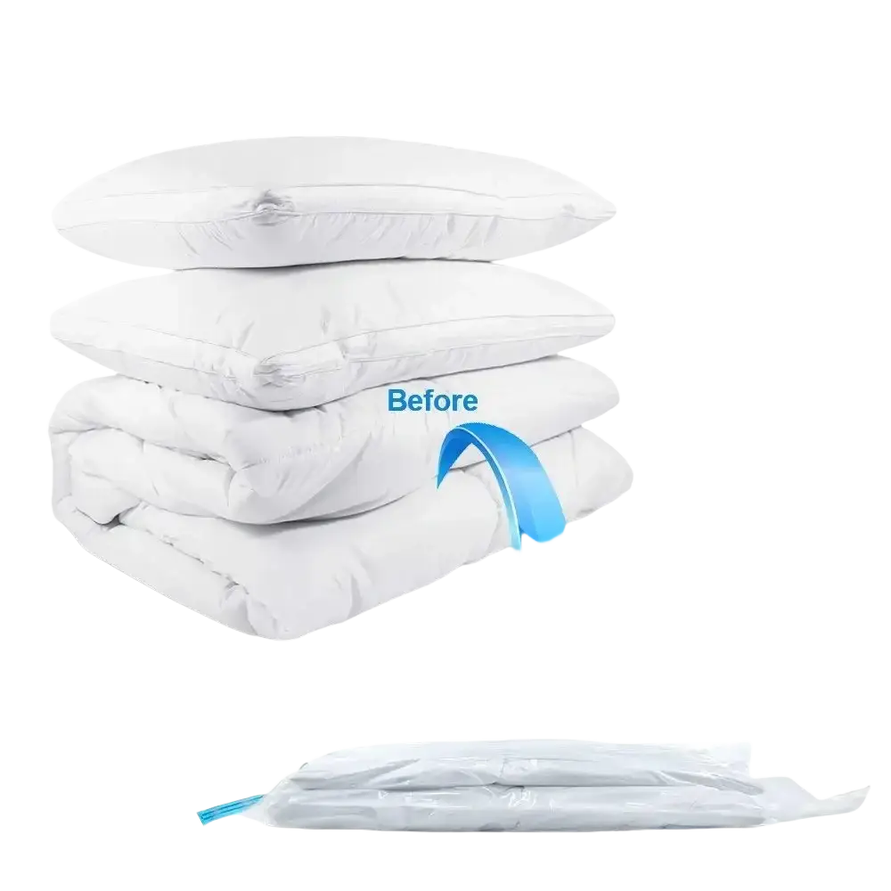 White vacuum storage organizer bags with blue zipper pulls compress bedding and clothes by 80 percent for camping equipment use