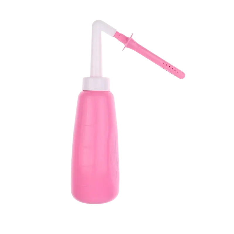 Pink vaginal anal wash bottle made of eva soft plastic with white nozzle and pink handle for hygiene use