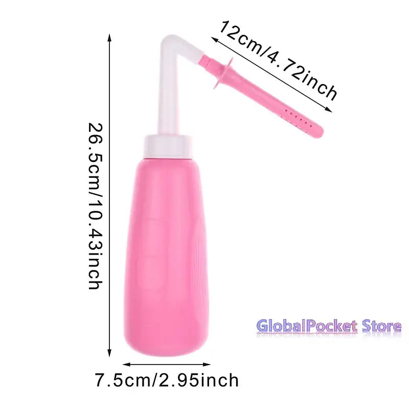 Pink vaginal anal wash bottle made of eva soft plastic with white cap and curved nozzle for gentle cleansing