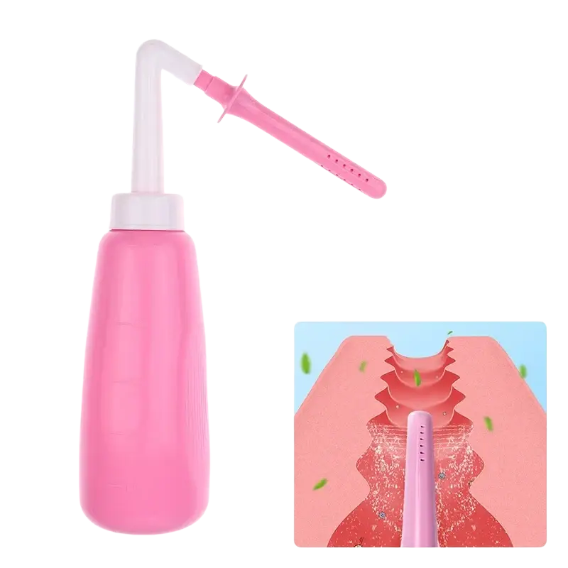 Pink plastic vaginal anal wash bottle with white cap and curved nozzle made of eva soft plastic