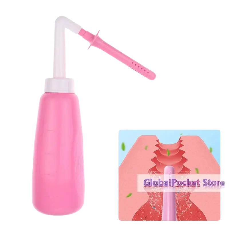 Pink vaginal anal wash bottle made of eva soft plastic with white nozzle and pink tip for effective cleaning