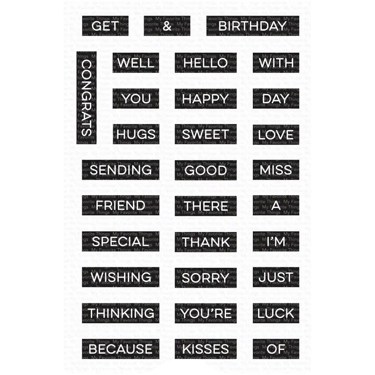 Black rectangular sticker sheet with white modern sans-serif text for valentine clear stamps and cutting dies