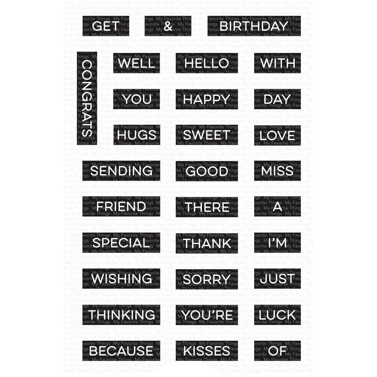 Black rectangular sticker sheet with bold white text phrases from valentine clear stamps and cutting dies set