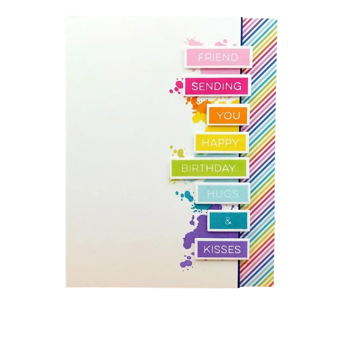 Valentine clear stamps and cutting dies with colorful rainbow-striped paper and vibrant paint splatter design vertical card