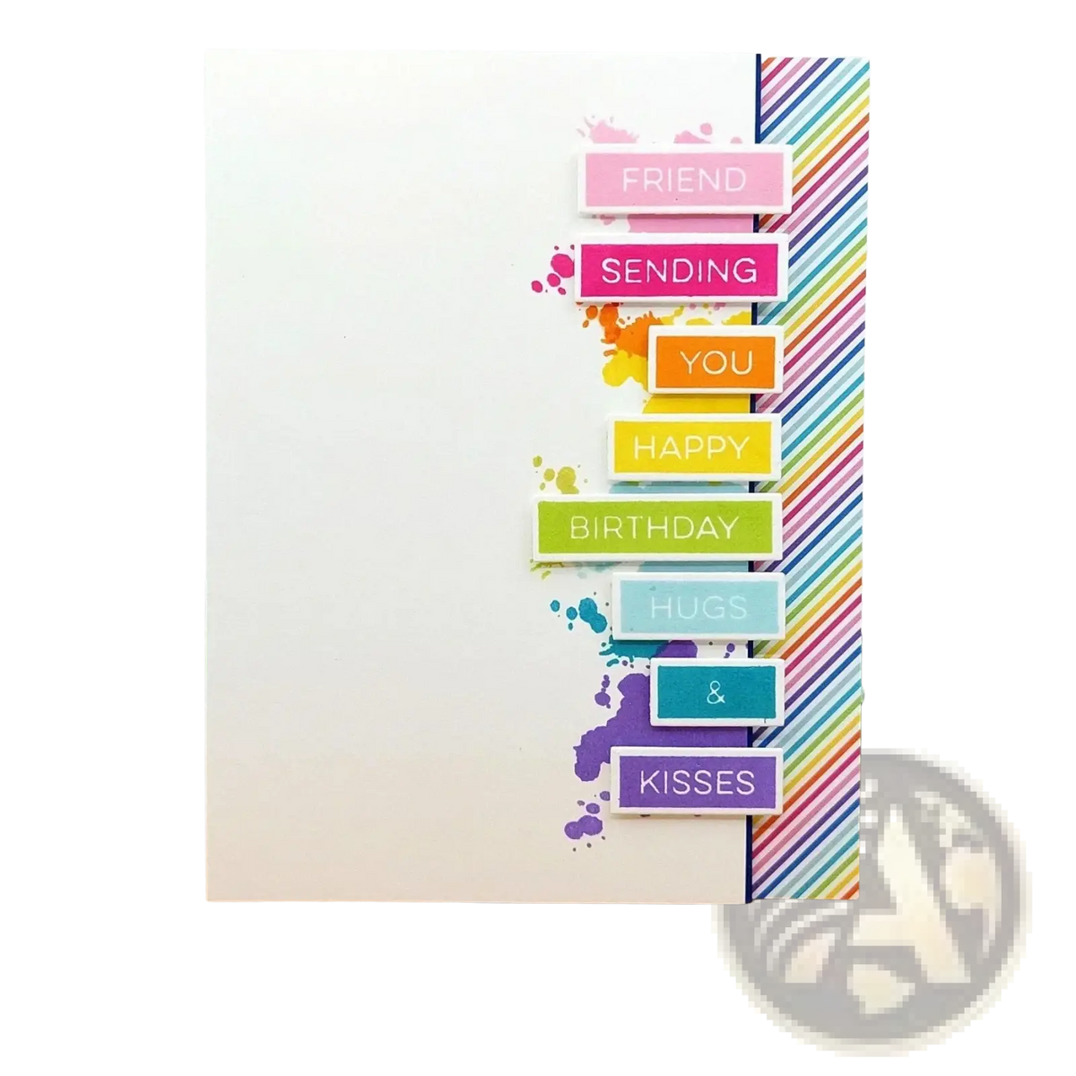 A colorful valentine clear stamps and cutting dies set featuring layered rectangular die-cut pieces with words from friend to kisses