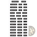 A sheet of black rectangular Valentine clear stamps with white romantic phrases like gorgeous kisses and forever