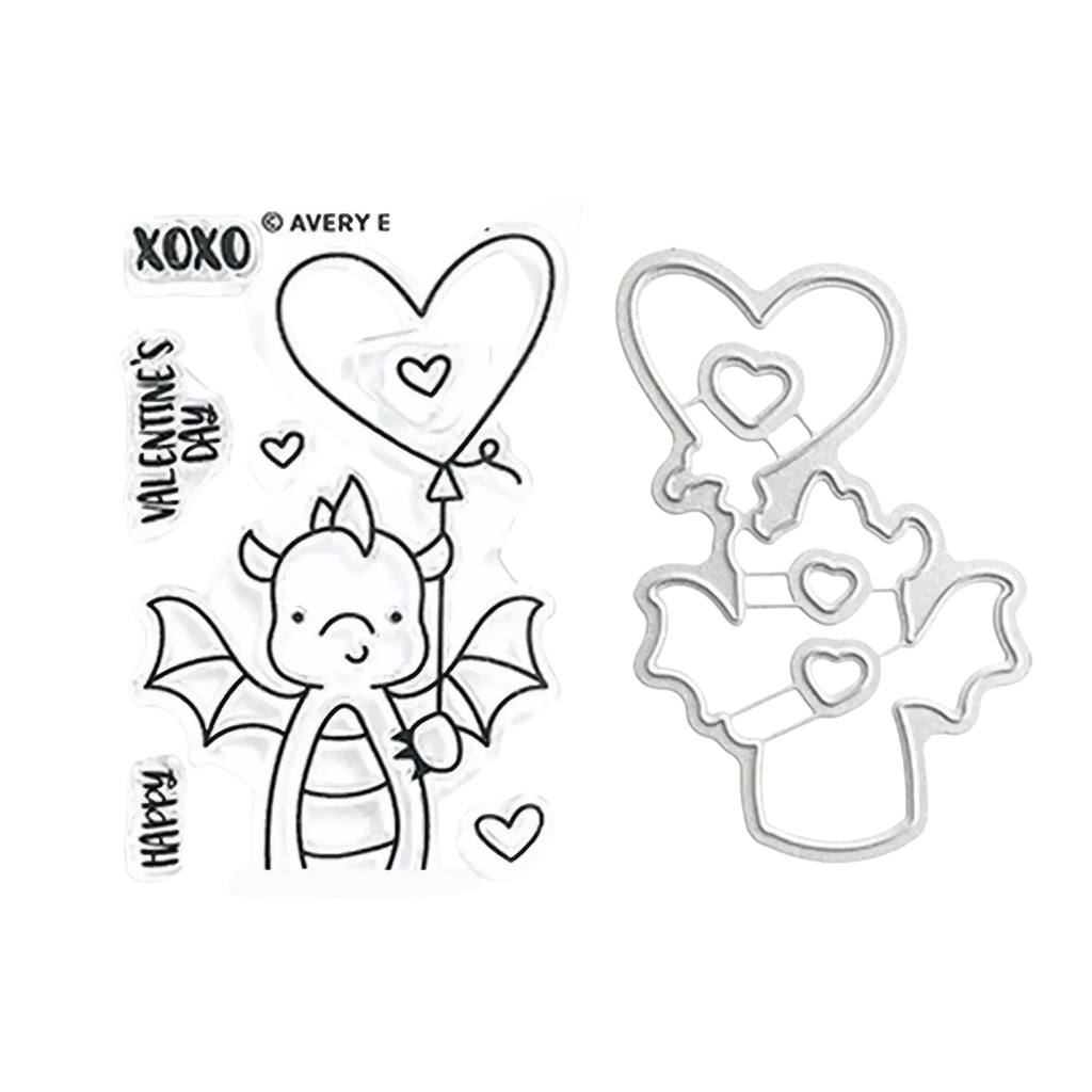 Valentine dragon clear stamps and dies set with clear acrylic dragon stamp holding heart balloon and matching metal die-cutters