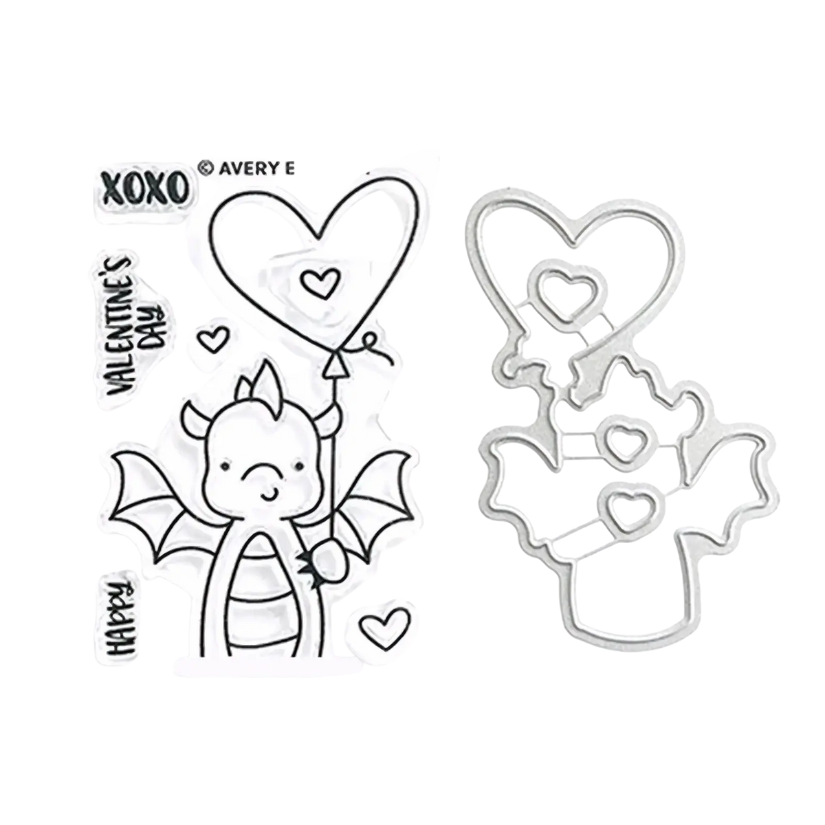 Valentine dragon clear stamps and dies set with clear acrylic dragon stamp holding heart balloon and matching metal die-cutters