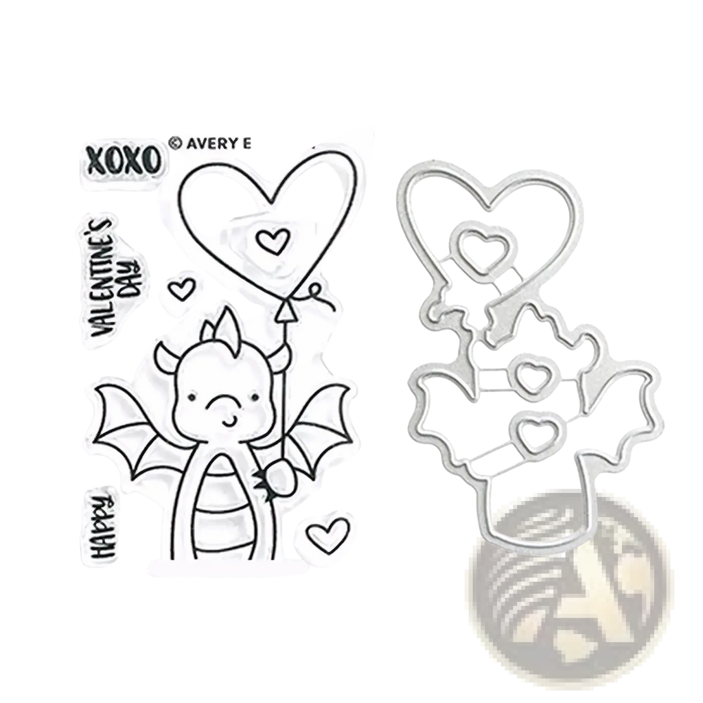Valentine dragon clear stamps and dies set with clear acrylic dragon stamp holding heart balloon and matching metal die-cutters