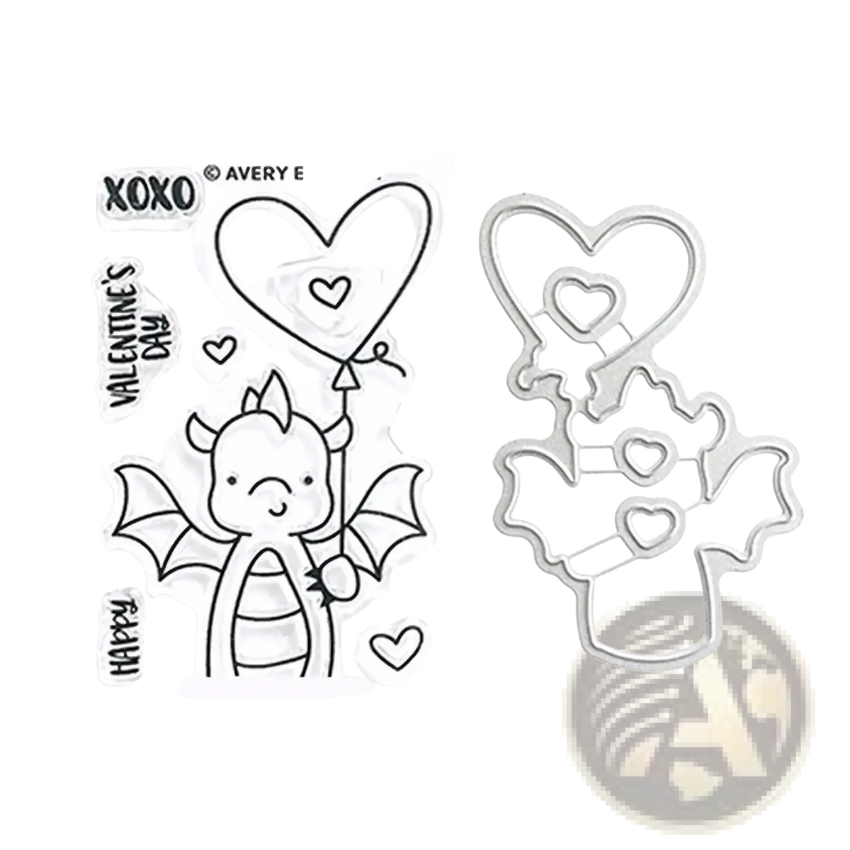 Valentine dragon clear stamps and dies set with clear acrylic dragon stamp holding heart balloon and matching metal die-cutters