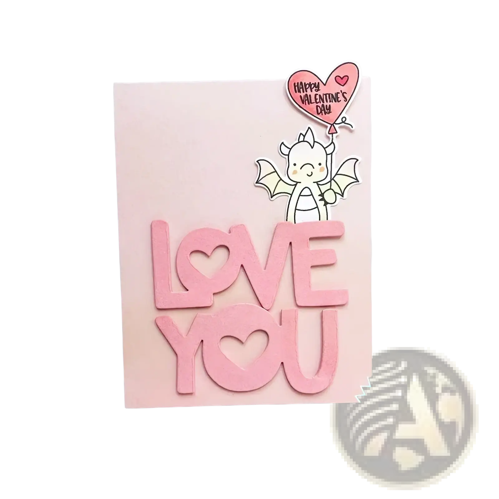 Valentine dragon clear stamps and dies set featuring white dragon with pink balloon and pink love you die cut letters