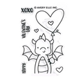 Valentine dragon clear stamps set featuring a clear stamp of a cartoon dragon holding a red heart balloon with phrases in black ink