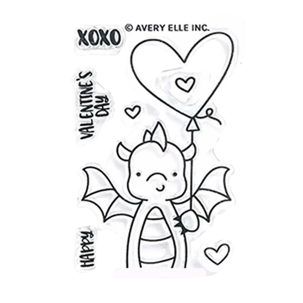 Valentine dragon clear stamps and dies set featuring a cute cartoon dragon with heart balloon and black ink phrases