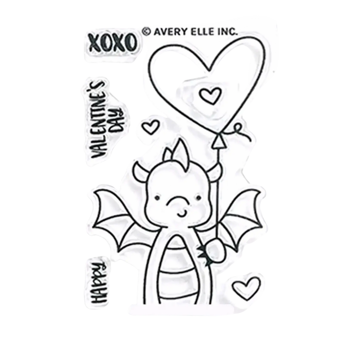 Valentine dragon clear stamps and dies set featuring a cute cartoon dragon with heart balloon and black ink phrases