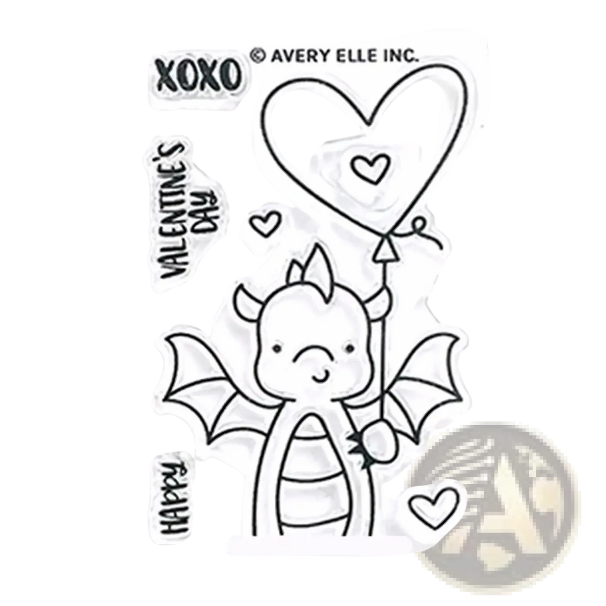 Valentine dragon clear stamps and dies set featuring a cute cartoon dragon with heart balloon and black ink phrases