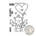 Valentine dragon clear stamps set featuring a clear stamp of a cartoon dragon holding a red heart balloon with phrases in black ink