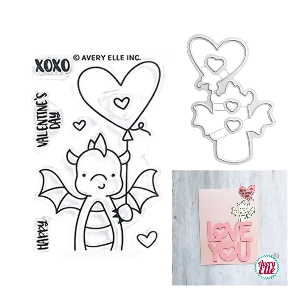 Valentine dragon clear stamps and dies set with a cute dragon holding a heart balloon and pink love you card