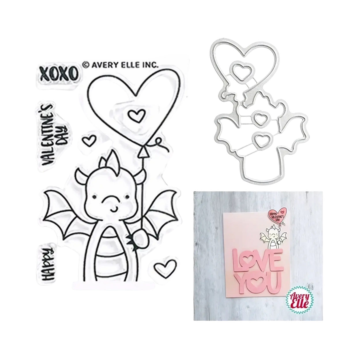 Valentine dragon clear stamps and dies set with a cute dragon holding a heart balloon and pink love you card