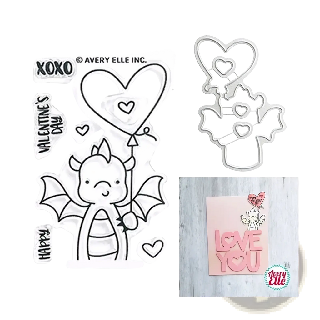 Valentine dragon clear stamps and dies set with a cute dragon holding a heart balloon and pink love you card