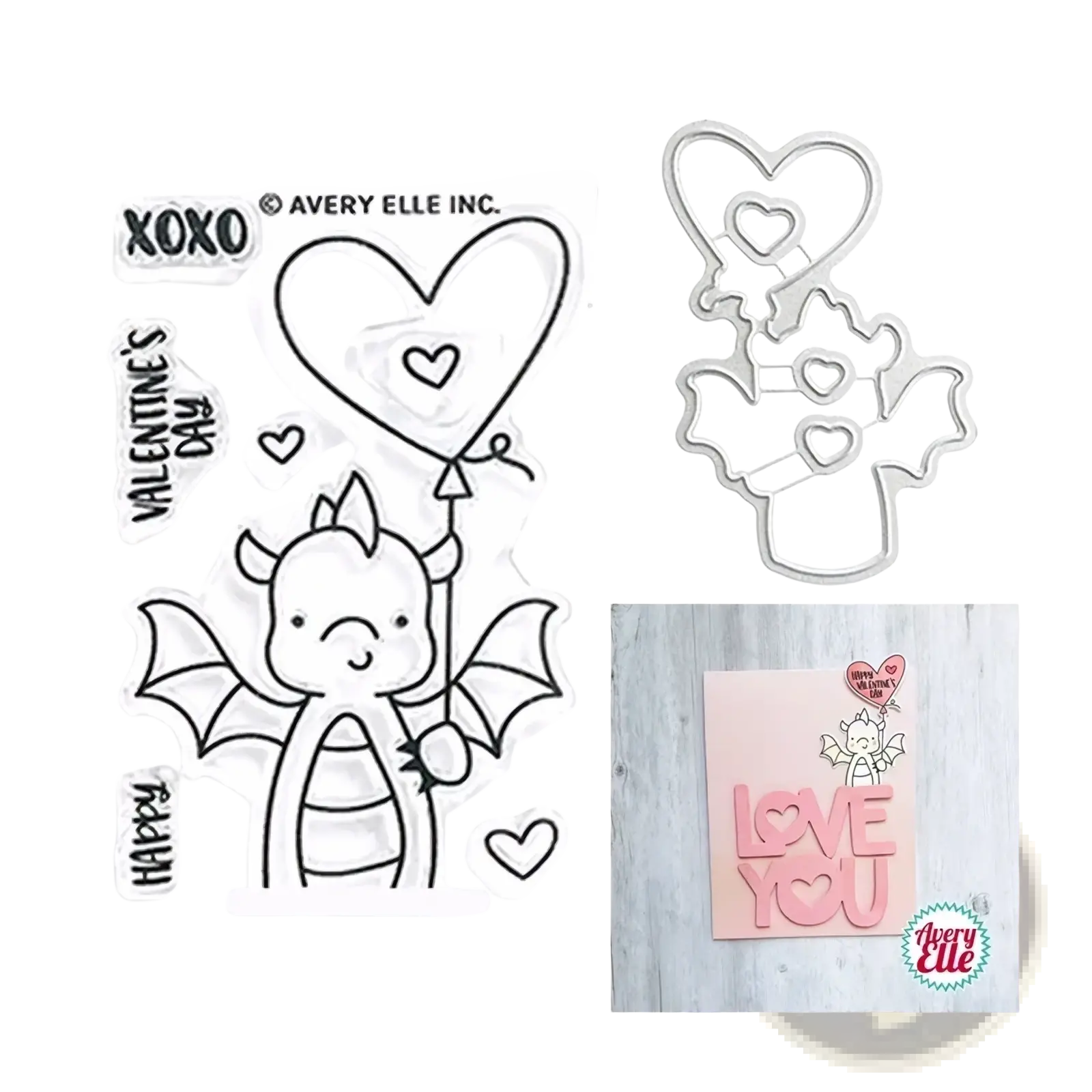 Valentine dragon clear stamps and dies set with a cute dragon holding a heart balloon and pink love you card