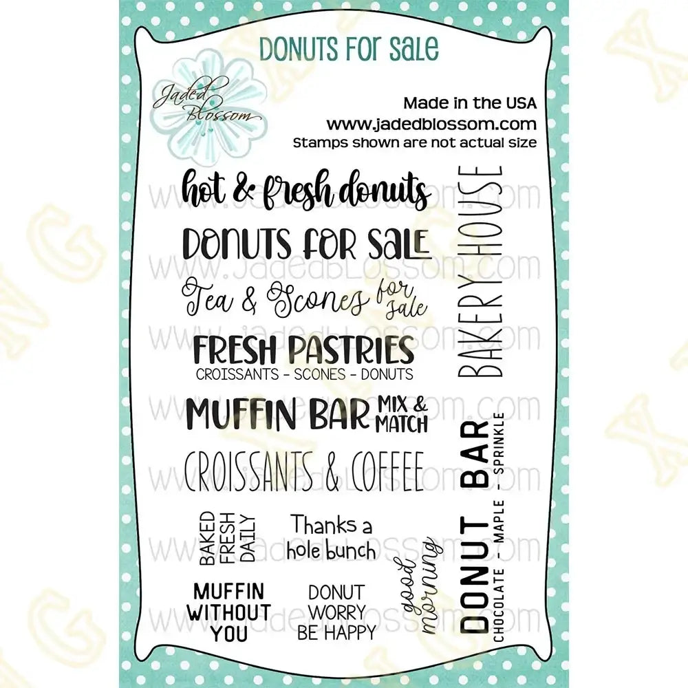 Clear acrylic bakery-themed stamp set with black inked phrases designed by jaded blossom for valentine gnome metal dies