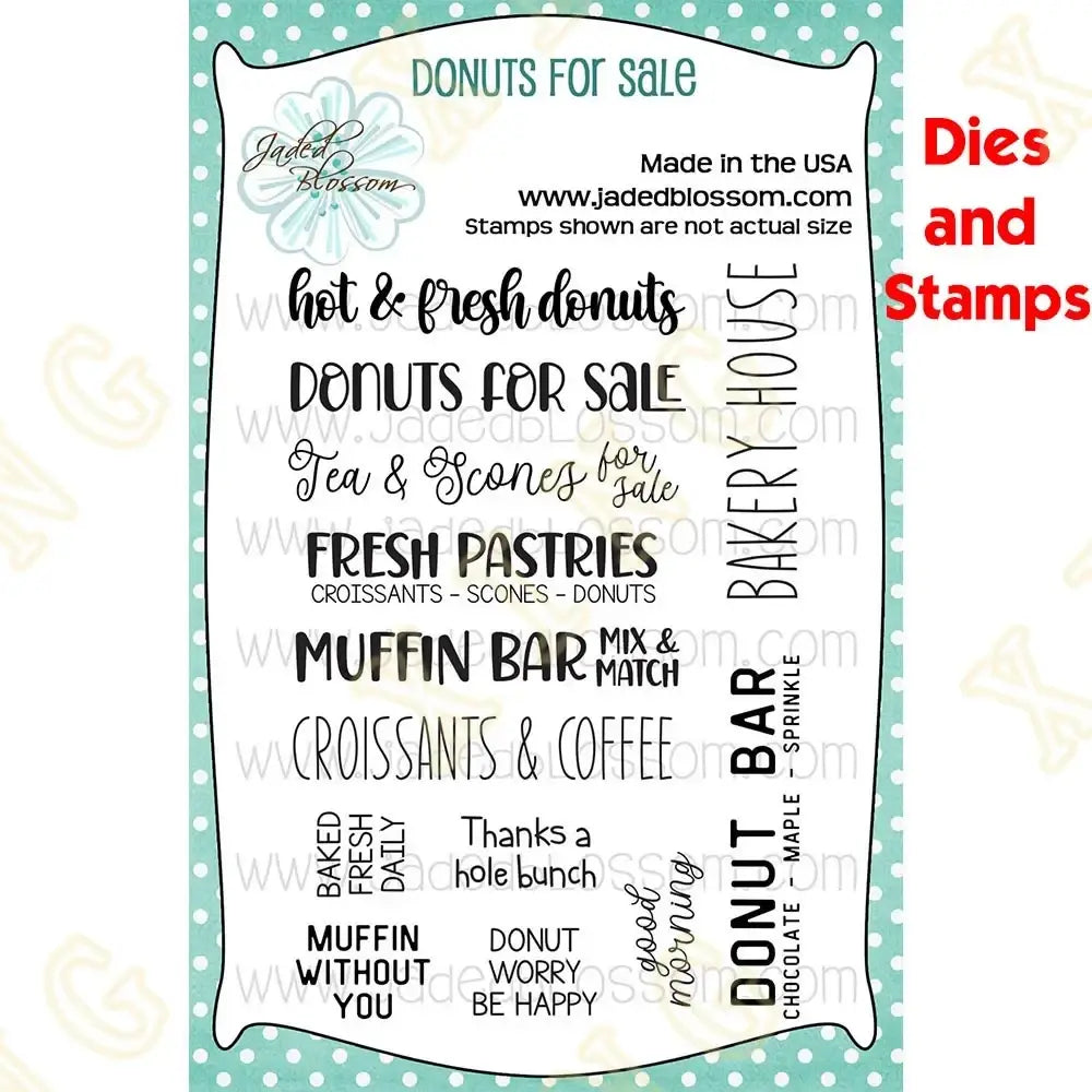 Clear acrylic bakery-themed stamp set in black ink by jaded blossom for valentine gnome metal cutting dies and stamps