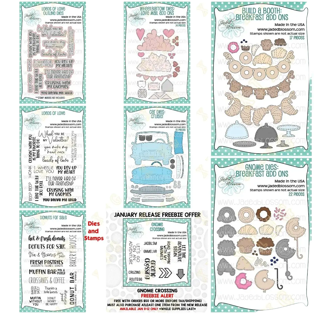 Valentine gnome metal cutting dies and clear stamp sets featuring romantic phrases whimsical food and vintage blue car designs