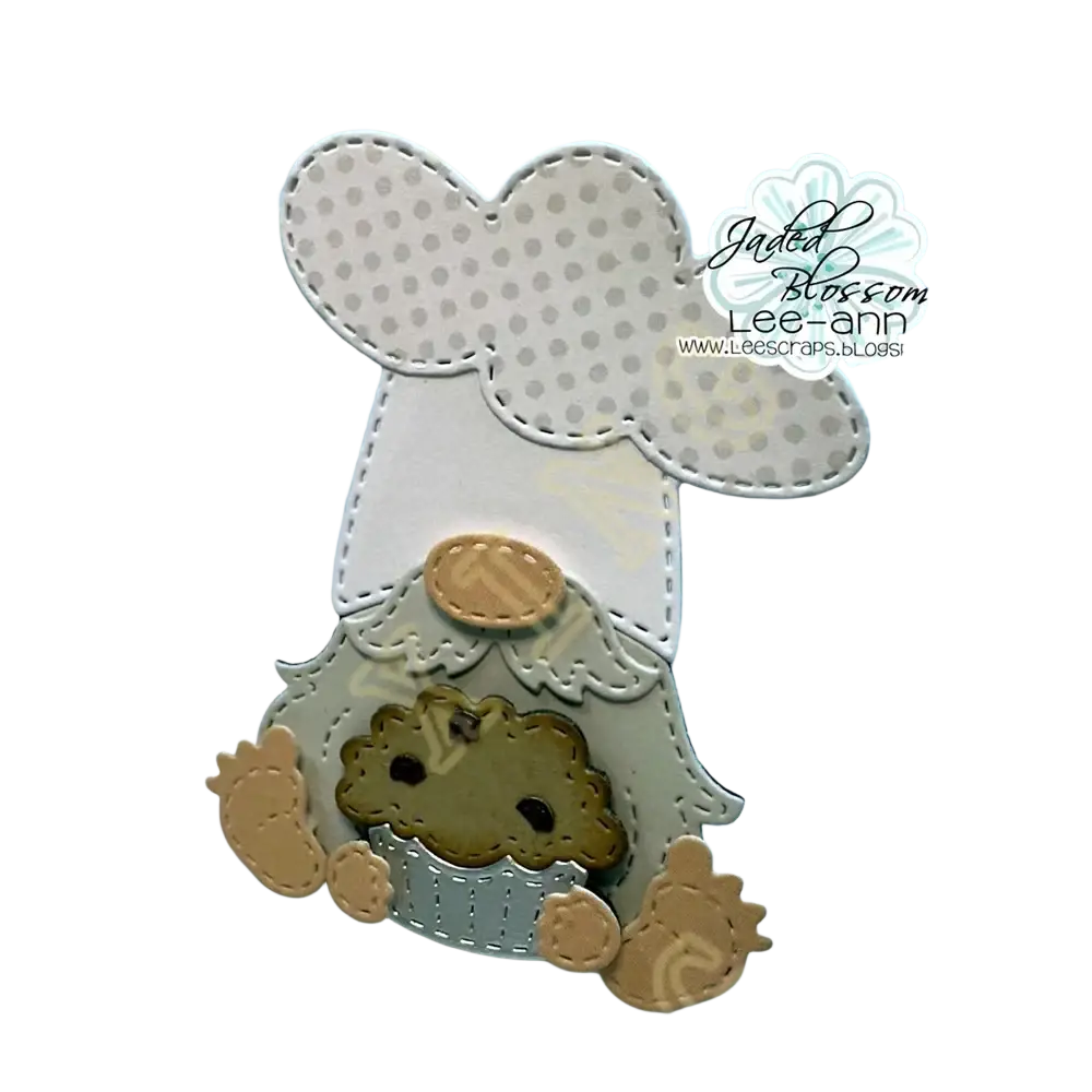 Valentine gnome metal cutting dies and stamps featuring a cream paper gnome with a polka-dotted hat and miniature pie