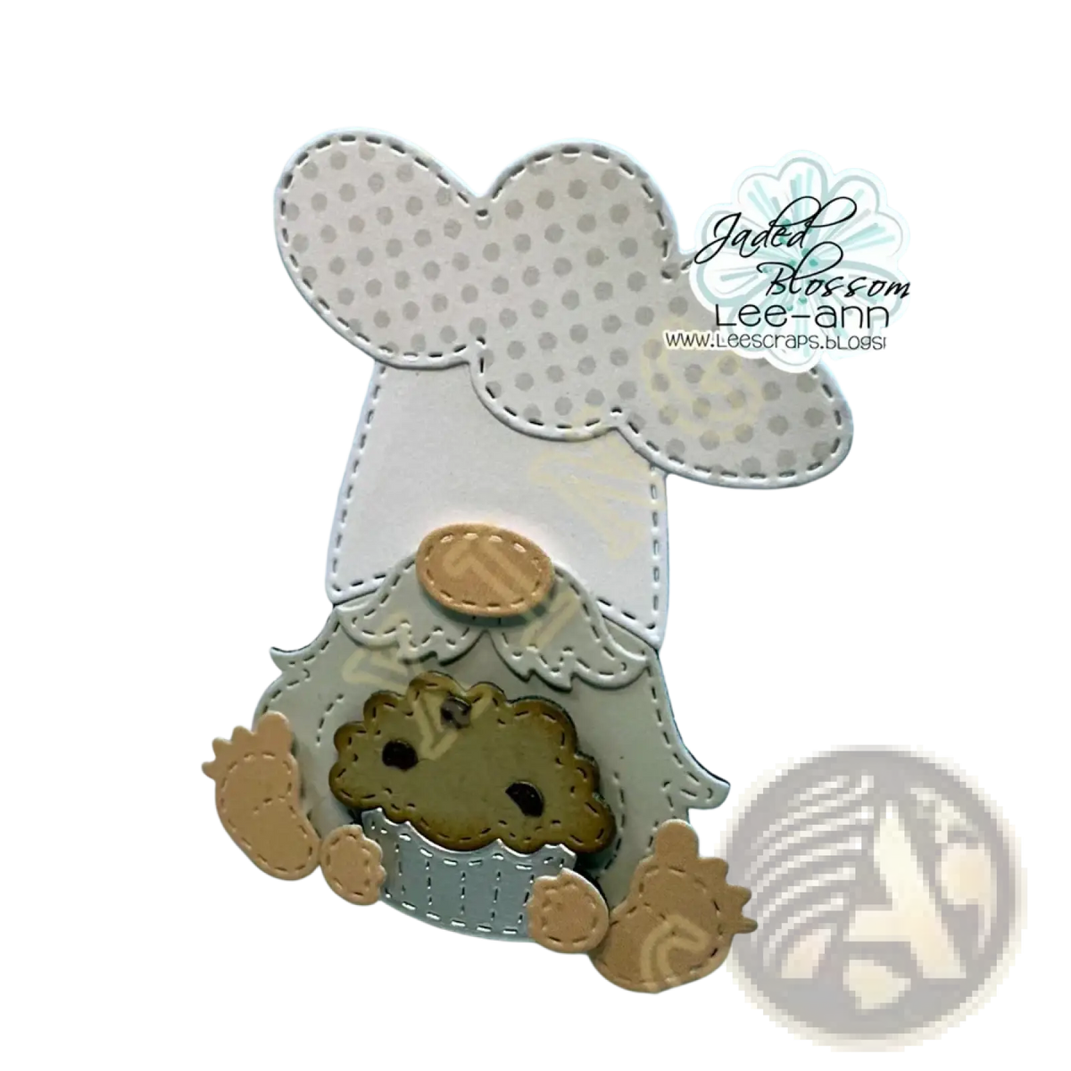 Valentine gnome metal cutting dies and stamps featuring a cream paper gnome with a polka-dotted hat and miniature pie