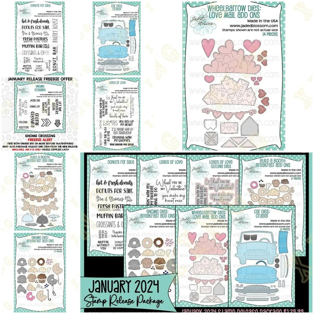 Valentine gnome metal cutting dies and stamps set by jaded blossom featuring pastel donut vintage car heart designs