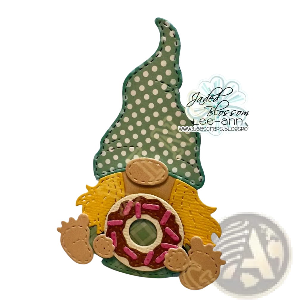 Valentine gnome metal cutting dies featuring a green polka-dot layered paper gnome with yellow hair and donut face