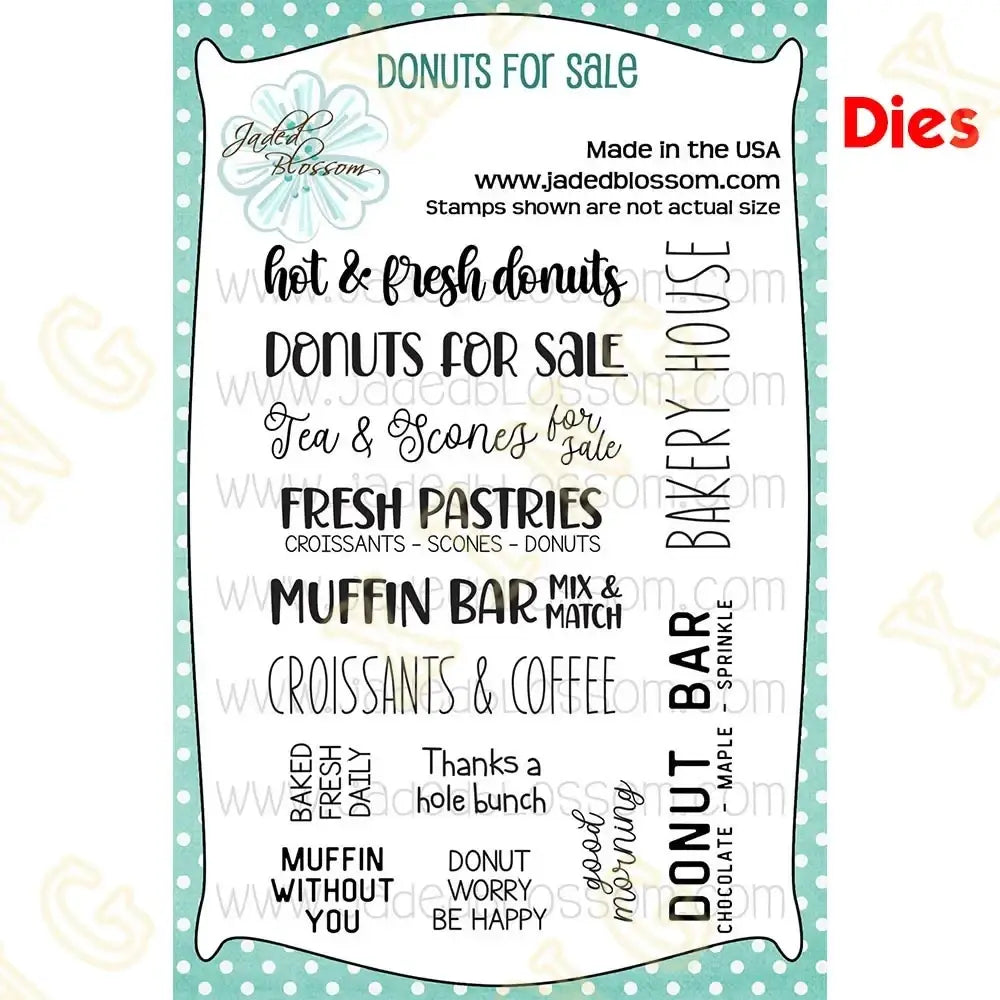 Valentine gnome metal cutting dies and stamps featuring jaded blossom clear stamp set with bakery phrases in black ink