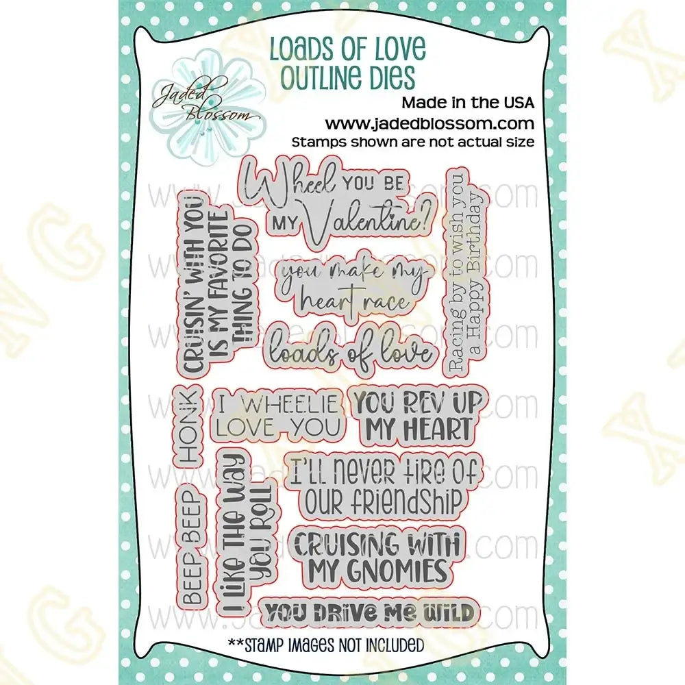 Jaded blossom loads of love white metal cutting die set with romantic playful phrases for Valentine gnome crafts