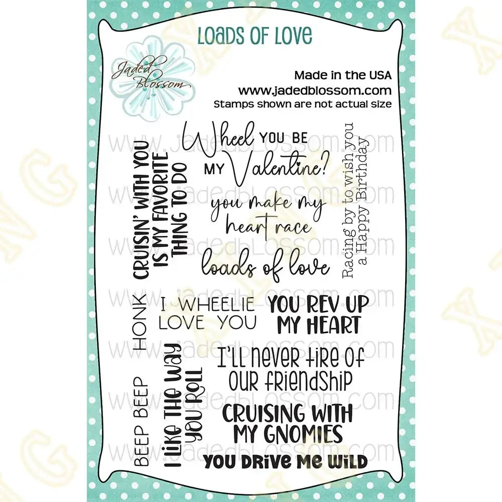 Jaded blossom loads of love clear stamp set with black inked phrases on transparent sheet for valentine gnome metal dies