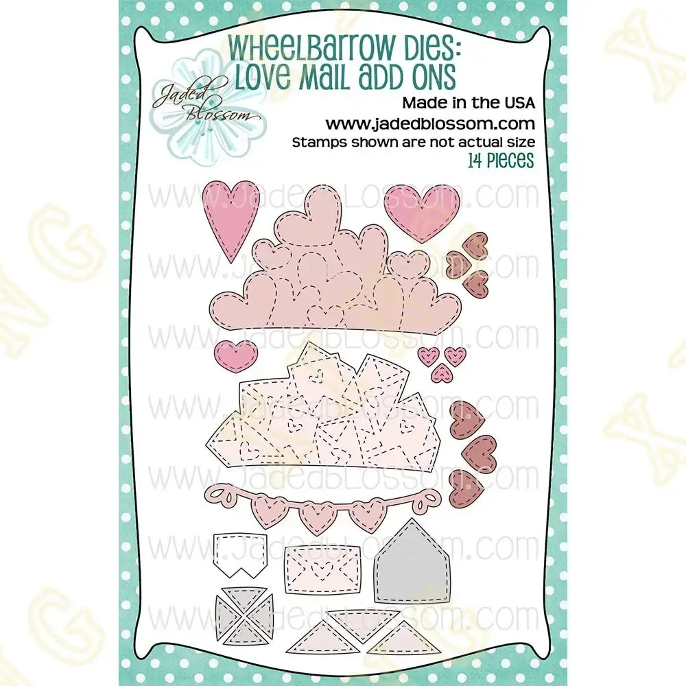 Valentine gnome metal cutting dies and stamps featuring pink and beige heart-themed die cuts with stitched detailing on white background