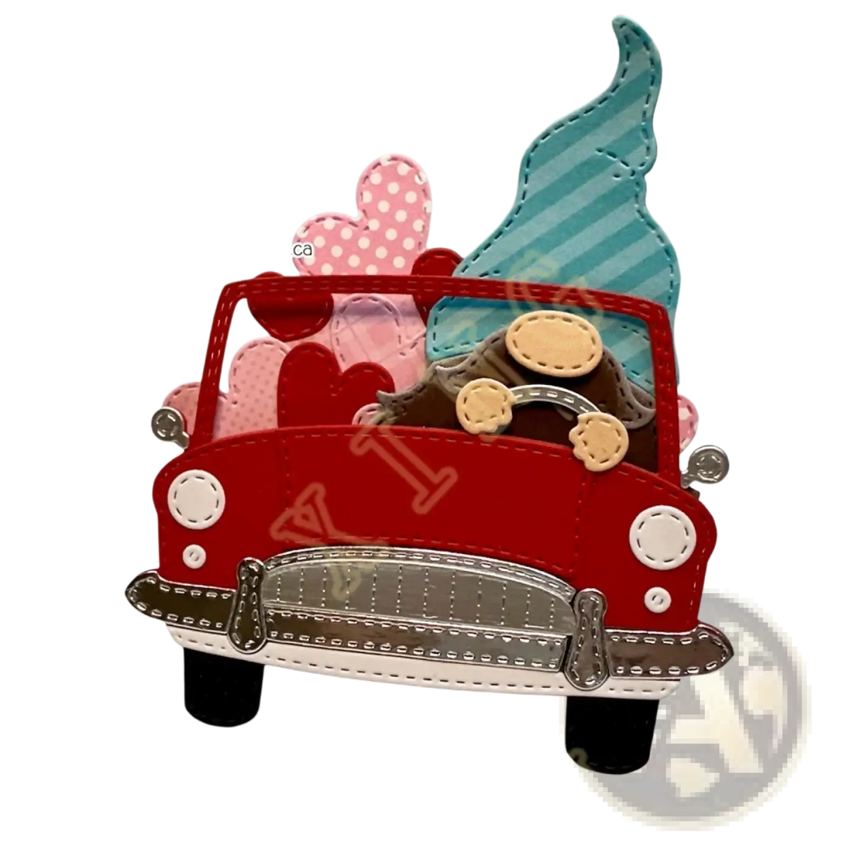 Valentine gnome metal cutting dies and stamps featuring a red vintage car paper craft with stitched details and heart decorations