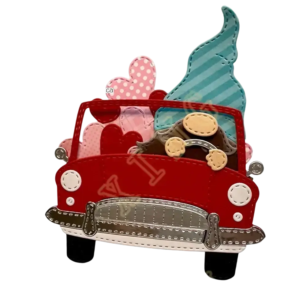 Red vintage-style car-shaped valentine gnome metal charm with stitched details carrying pink and blue felt hearts and ice cream cone