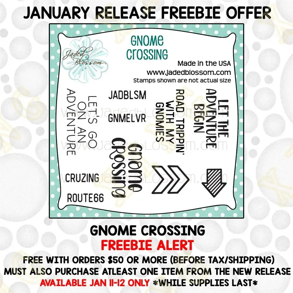 Valentine gnome metal cutting dies and stamps featuring black inked gnome crossing designs on white background with teal border