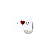 White valentine greeting card with black i and u letters and a shiny red heart embellishment center
