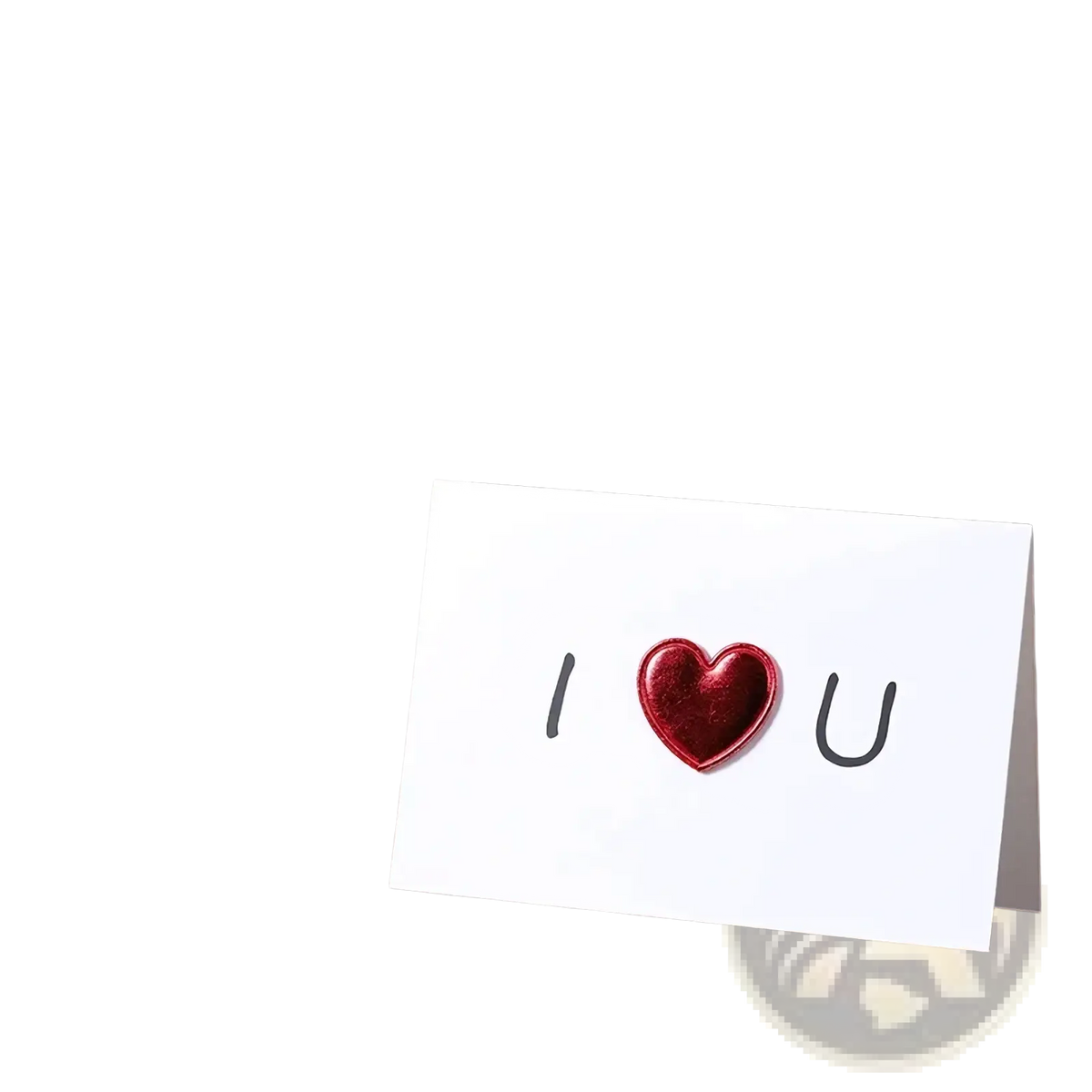 White valentine greeting card with black i and u letters and a shiny red heart embellishment center