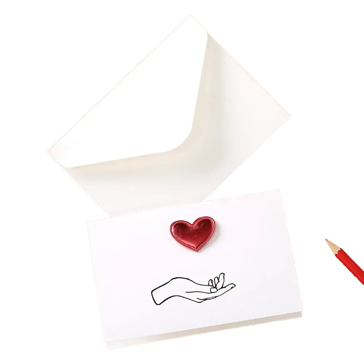 White valentine greeting cards with red heart embellishment and black hand drawing, includes matching white envelope