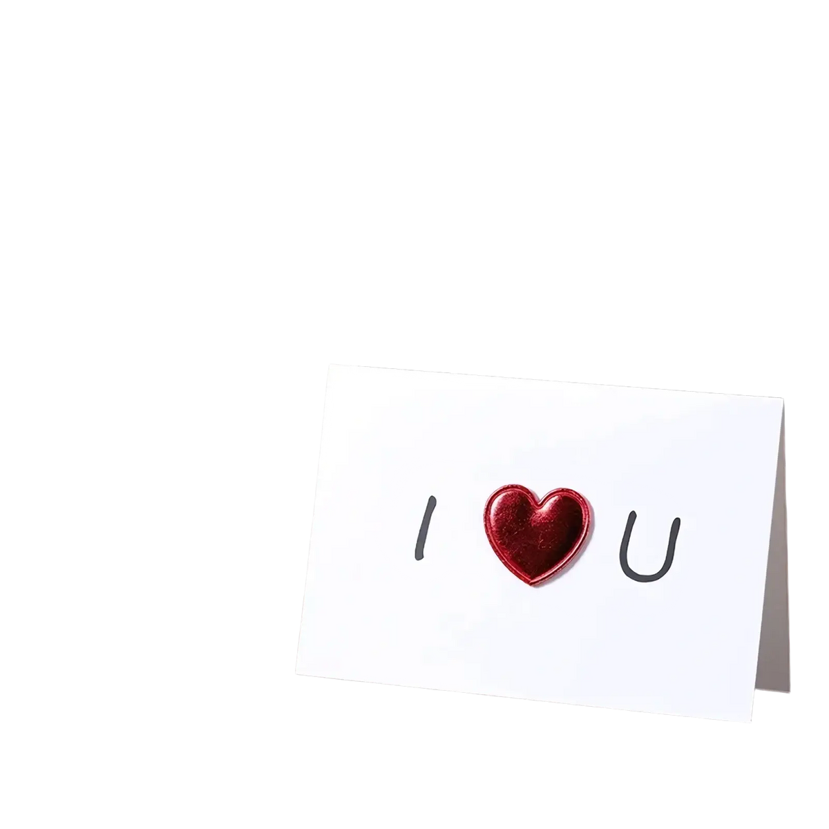 White valentine greeting card with black i and u letters and a shiny red heart embellishment center