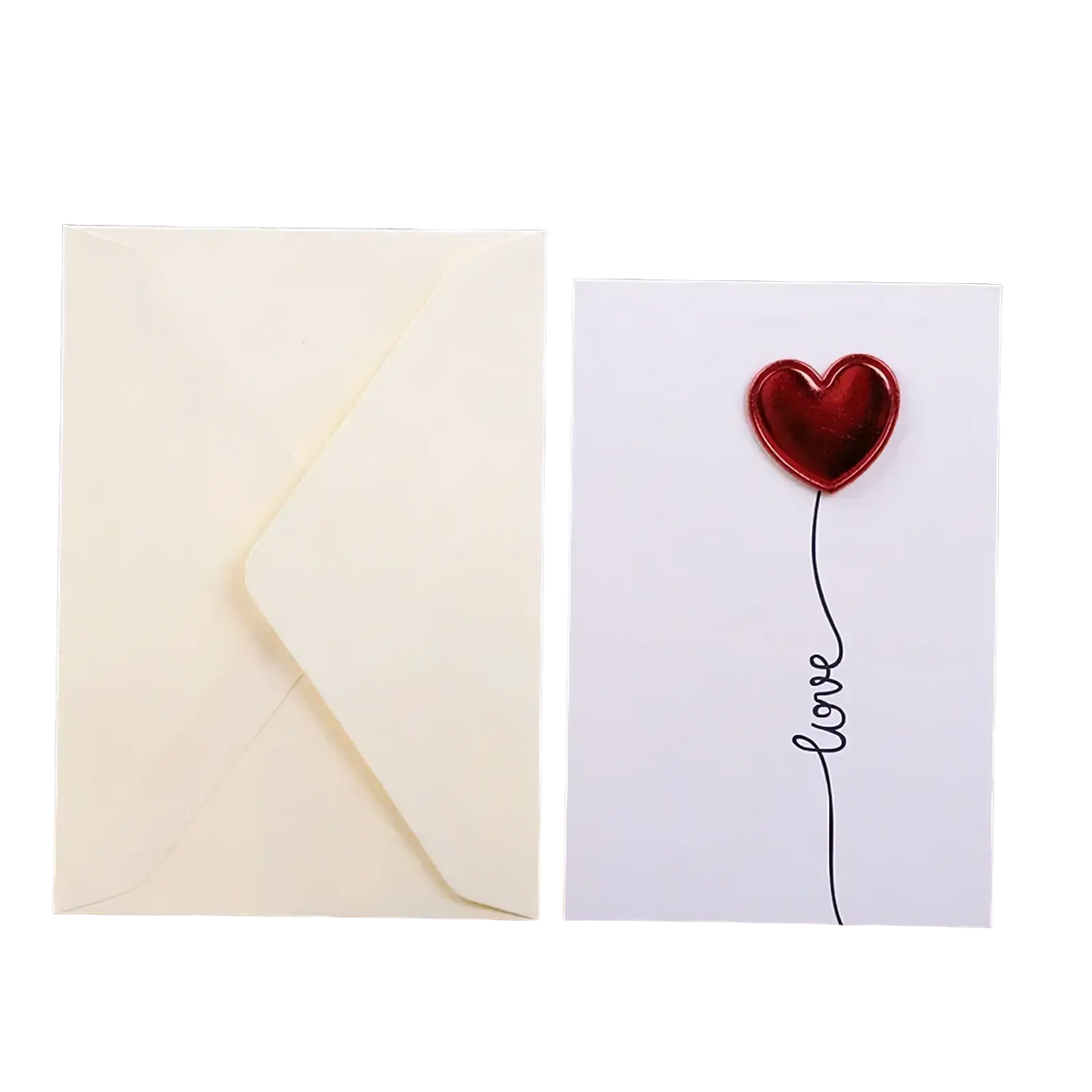 White valentine greeting card featuring a shiny red heart balloon with love written in black cursive script below it