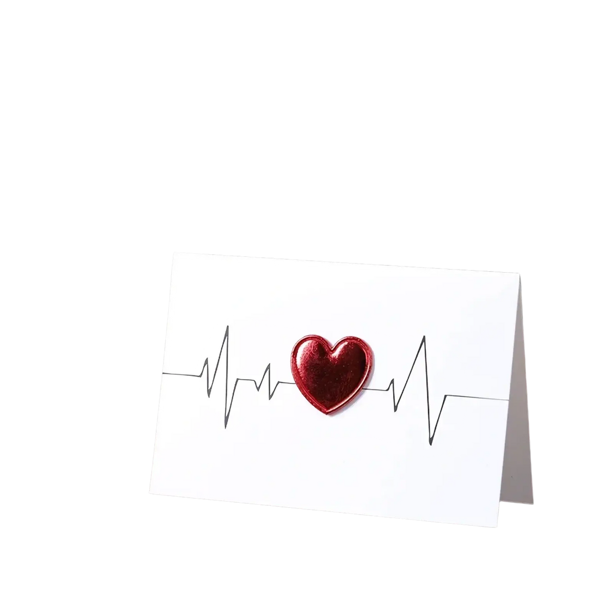 A white valentine greeting card featuring a shiny red heart centered on an electrocardiogram line design